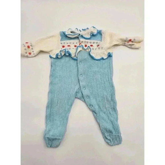 Vtg Baby Girl Blue Lot 0-2 yr One Piece Sleepers & Dress with Checkered Bonnet - Picture 2 of 16